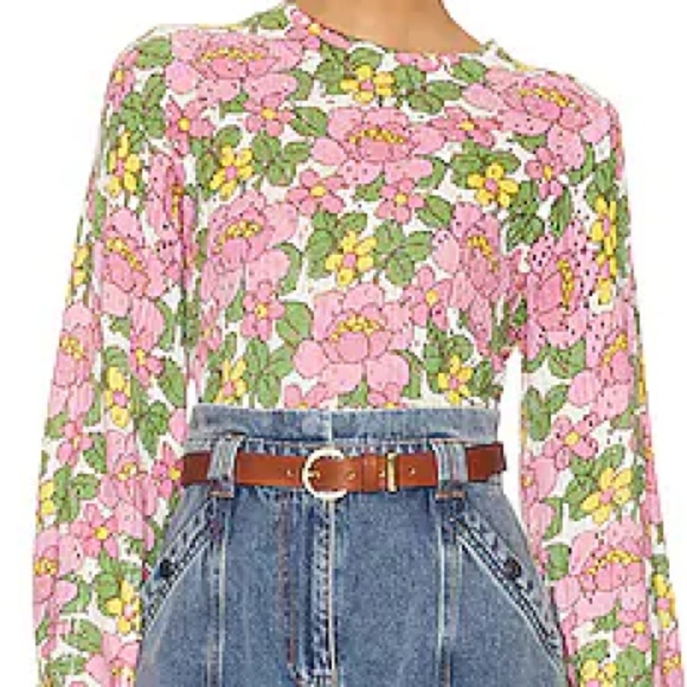 Show Me Your MuMu Pink and Green Floral Long Sleeve Top